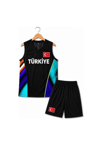 Sonvadi Çocuk Basketbol Forması Türkiye Armalı Siyah-turkuaz 3 Parça Çorap Turkuaz