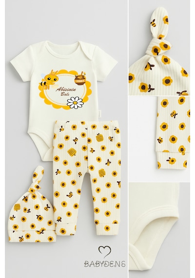 Babyden's Abisinin Balı Yazılı 3 Lü Bebek Takımı Kısa Kollu Çıtçıtlı Body, Arı Desenli Fitilli Pantolon, Bere Ekru