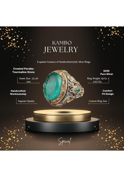 Paraiba Yapay Taşlı Gümüş Yüzük, Rodaj Kaplama Gümüş Yüzük, 925 Ayar Gümüş Yüzük, Stacking Yüzük, Yeşil Gümüş