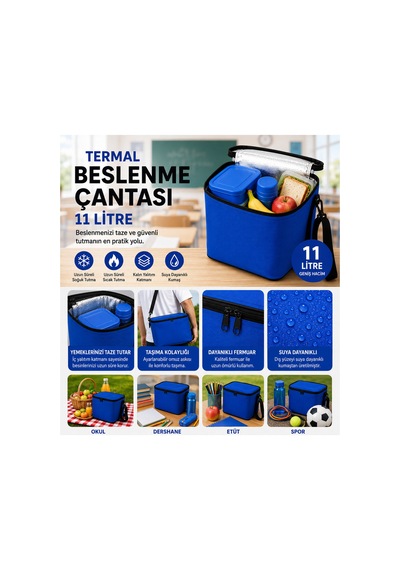 11 Litre Termal Beslenme Çantası Isı Yalıtımlı Sıcak Soğuk Tutucu Termos Yemek Taşıma Okul Piknik Kamp Çantası-mavi .