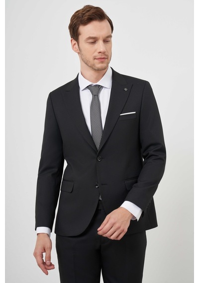Morven Erkek Siyah Poliviskon Basic Jakar Desen Slim Fit Sivri Yaka Takım Elbise Siyah