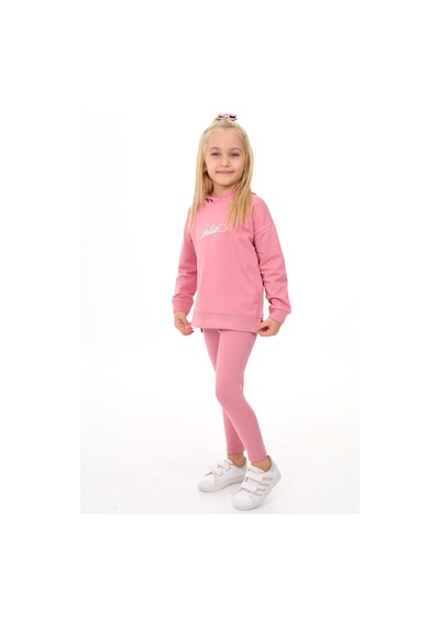 Toontoy Kids Toontoy Kız Çocuk 2'li Takım Baskılı Bisiklet Yaka Düşük Omuz Cepli Sweatshirt & Basic Düz Tayt Gül Kurusu
