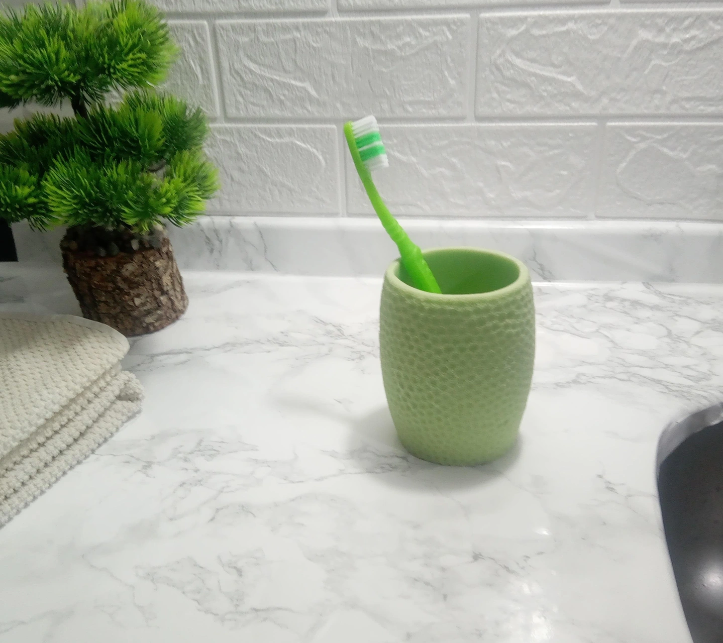 2 Adet Diş Fırçalık,macunluk Yeşil Petek Desenli Poliresin 8x8x10cm 400ml Banyo Seti Çok Renkli