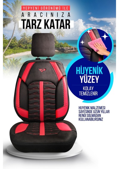 Siyah - Kırmızı Garni Panda Barbados Serisi Alkantra Kumaş Oto Koltuk Kılıfı - Tam Set