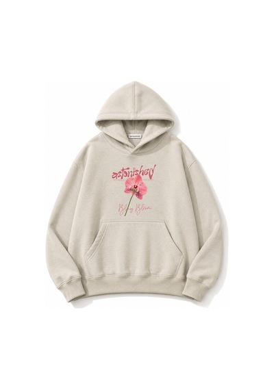 Herkesemoda Pembe Çiçek Baskılı Kapüşonlu 2 İplik Şardonlu Sweatshirt Bej