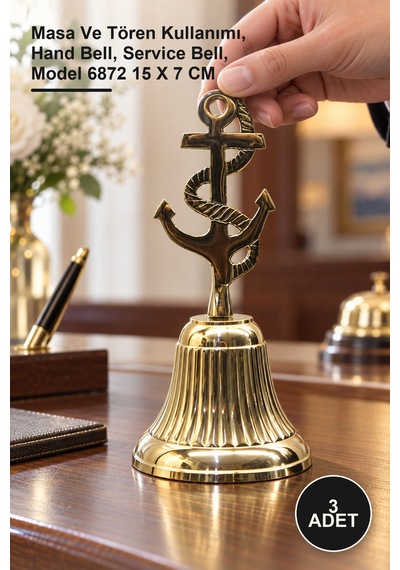 3 Adet Pirinç Çapalı El Çanı Masa Ve Tören Kullanımı, Hand Bell, Service Bell, Model 6872 15 X 7 Cm