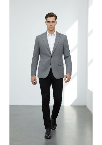 Plus Scorpion Erkek Esnek Kumaş Slim Fit Blazer Ceket Günlük & Ofis Şıklığı Füme