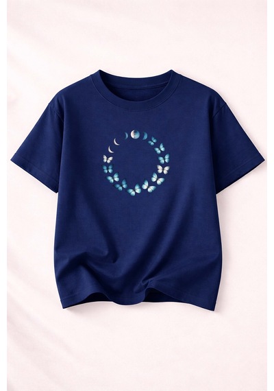 Herkesemoda Kelebek Döngüsü Baskı Detaylı Kadın Bisiklet Yaka Pamuklu T-shirt Lacivert
