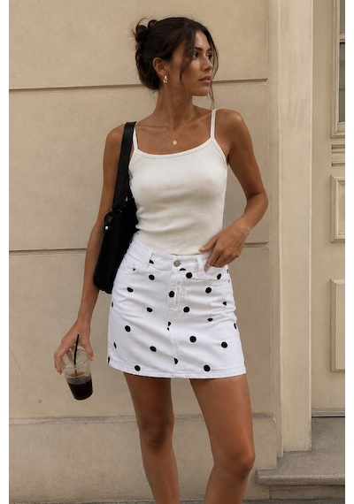 Madmext Beyaz Puantiyeli Mini Jean Etek Mg2099
