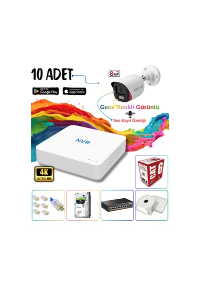 Adecam 10 Lu Full Hd Ip Güvenlik Kamera Sistemi - Gece Renkli & Sesli Set + 30 Gün Kayıt, Cepten İzleme