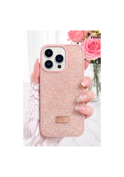 Fibaks iPhone 16 Pro Max Uyumlu Kılıf Içi Kadife Elmas Tasarımlı Pembe Taşlı Işıltılı Pırlanta Silikon Kapak