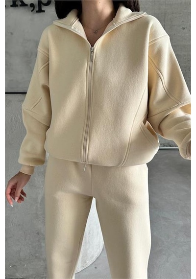 Dip Moda Kadın Fermuarlı Alt Üst Eşofman Takımı Dpnbg028 Bej