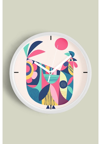Renkli Horoz Desenli Modern Duvar Saati - 25cm - Önü Camlı Beyaz Kasa - Sessiz Mekanizma-jh0509 Beyaz