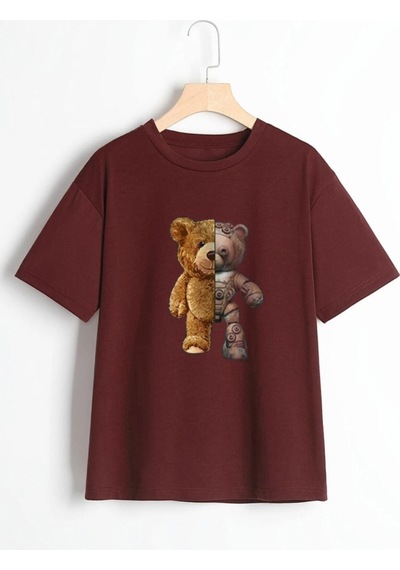 Flood Of Style Unisex Bordo Robotik Ayıcık Baskılı Oversize Bisiklet Yaka T-shirt Flood Of Style Unisex Bordo Robotik Ayıcık Baskılı Oversize Bisiklet Yaka T-shirt