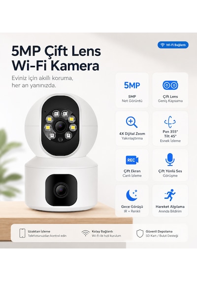 Uninet Full Hd Çift Kameralı Wifi Akıllı Kamera Gece Görüşü, Hareket Bildirimi Ve Telefonla Uzaktan Izleme Ve 355 Derece Döner Başlıklı Ptz Kamera