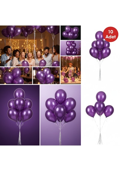 10 Adet Mor Parıltılı Metalik Balonlar Parti & Kutlama Paketi Diğer