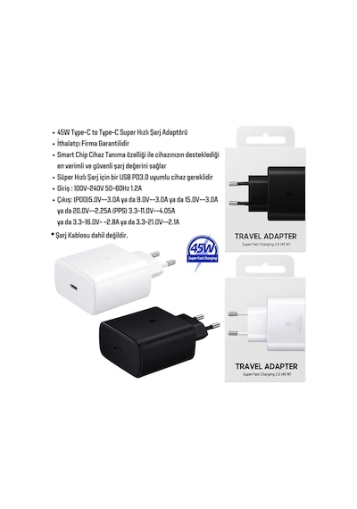 Galaxy A14 5G Uyumlu 45W Super Hızlı Type-C Şarj Cihazı Adaptör - İthalatçı Garantili - Beyaz