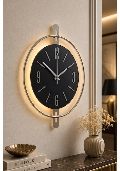 Pey Aksesuar 50x70 Cm Metal Ahşap Ve Işığın Muhteşem Uyumu Duvar Saati Dekoratif Metalik