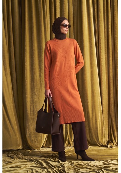 Armine Trend Yaprak Desenli Bisiklet Yaka Uzun Kollu Fitilli Detaylı Tunik Şeftali 26ktd408 Somon