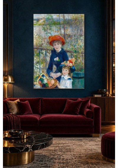 Fida Renoir Terasta Kırmızı Şapkalı İki Kız Kardeş Canvas Tablo Çok Renkli