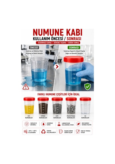 Numune Kabı Ölçekli Şeffaf Gövdeli Kırmızı Vidalı Kapaklı 250 Ml 5 Adet