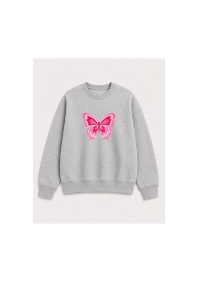 Herkesemoda Kelebek Baskı Detaylı Şardonlu 2 İplik Bisiklet Yaka Sweatshirt Gri