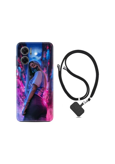 Xiaomi Redmi Note 11E Kılıf İpli Boyun Askılı Desenli Silikon Mask Girl 1659
