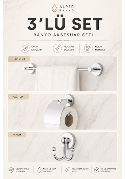 Alper Banyo Krom 3'Lü Banyo Seti, Düz Havluluk, Kapaklı Kağıtlık Ve Bornoz Askısı