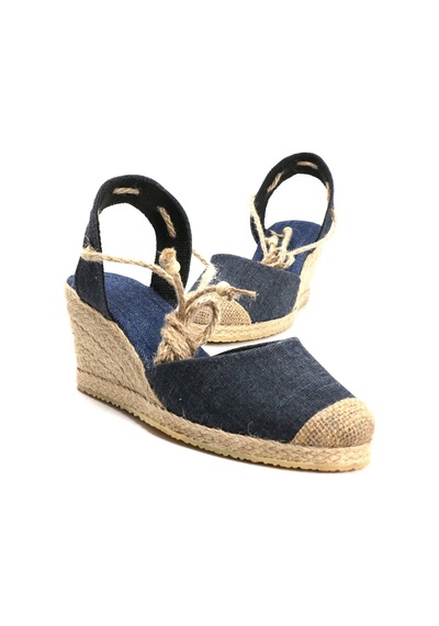 Star Tombis Gerçek Elişi Topuğu Açık Bilekten Bağlamalı Bej Dolgu Topuk Keten Hasır Espadril Handmade Mavi