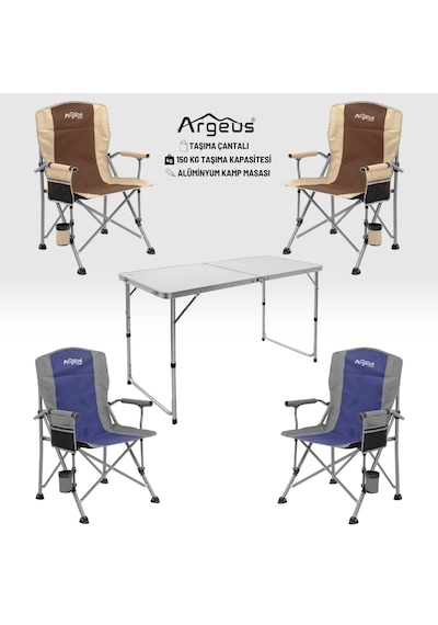 4 Adet Katlanır Kamp Sandalyesi Ve Alüminyum Masa Seti - Rustic - Elevate Beyaz Çok Renkli