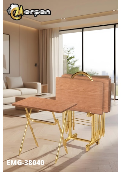 Eranş Serisi 4'lü Katlanır Mdf Mebran Ahşap Çanta Zigon Sehpa Gold Ayak Atlantik Çam Desen Gold Ayakk