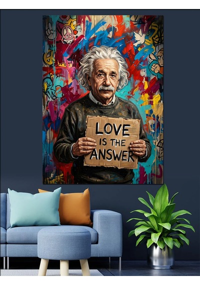 Einstein Aşk Cevaptır Yazılı Tablo Dekoratif Kanvas - Mdf Ahşap Tablo