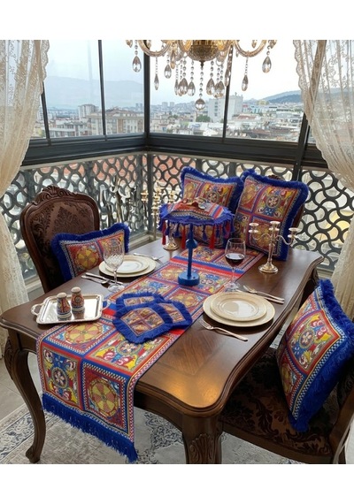Missidea Sultania Masaüstü Dekor Seti Ledli Şemsiye+2 Adet Kırlent+runner Ve 6 Adet Peçete Mavi