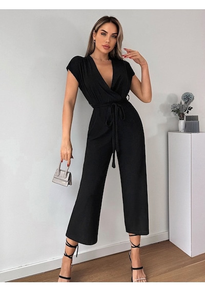 Armonika Kadın Siyah Kruvaze Beli Kemerli Tulum Arm-20y042008