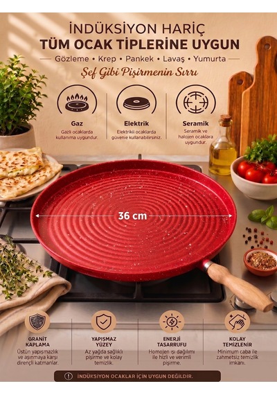 Tektava Granit Kaplama Ahşap Saplı Bazlama&gözleme Tavası 36 Cm Kırmızı-36 Cm