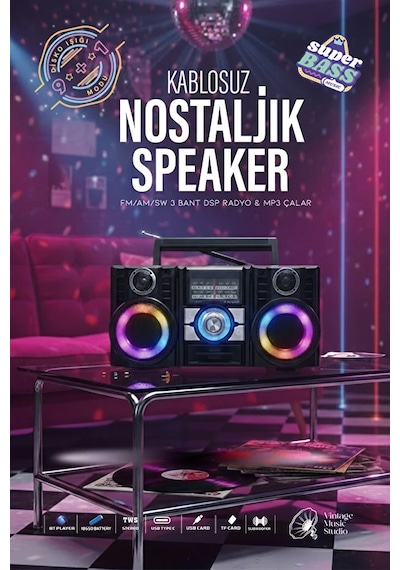 Radyo & Rgb Led Disko Işıklı Nostaljik Bluetooth Özellikli Hoparlör 4 Bantlı Şarj Edilebilir Speaker