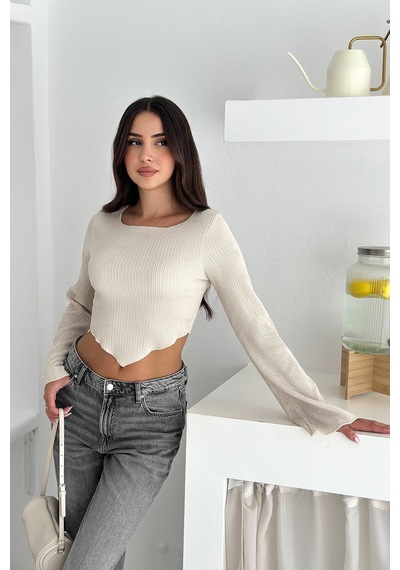 Noa & Noa İspanyol Kol Ribanalı Sivri Etek Uçlu Crop Bluz Modern & Vücuda Oturan Stil Bej