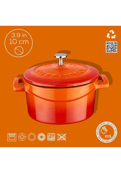 Metal Döküm Mini Tencere, Trendy, 10 Cm, 0.35 L Hacim, Turuncu Belirtilmemiş