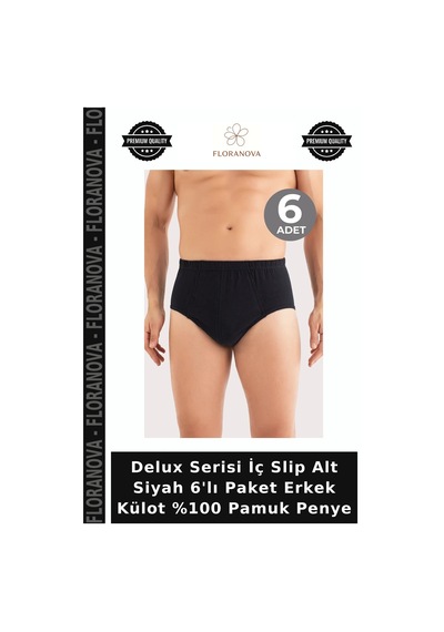 Floranova Delux Serisi İç Slip Alt Siyah 6'lı Paket Erkek Külot %100 Pamuk Penye
