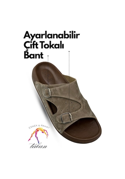 Sermoda Erkek Terlik - Çift Toka Ayarlanabilir Esnek Taban Deri Erkek Terlik T Haki