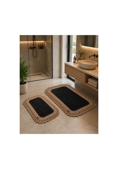 Dikdörtgen Örgü Desenli Pelüş Detaylı Hasır Kahverengi Dekoratif Paspas 60x100 / 50x60 Siyah Siyah