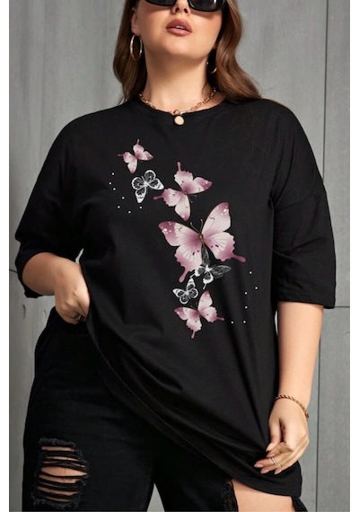 Kelebek Baskılı Kadın Büyük Beden Battal Bisiklet Yaka Pamuklu T-shirt Rahat Kesim SIYAH