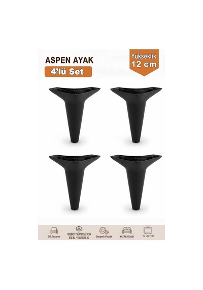 Aspen 12 Cm Siyah 4'lü Set Koltuk Baza Dolap Tv Ünitesi Yatak Odası Konsol Ayağı Siyah