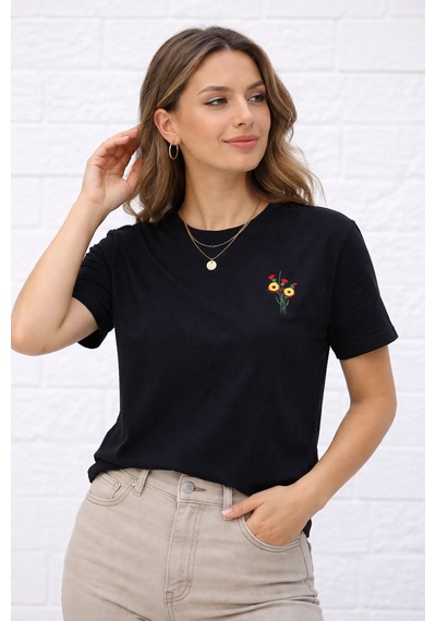 Yubistitch Tshirt Nakış İşlemeli 3d Çiçek-kalın- Siyah