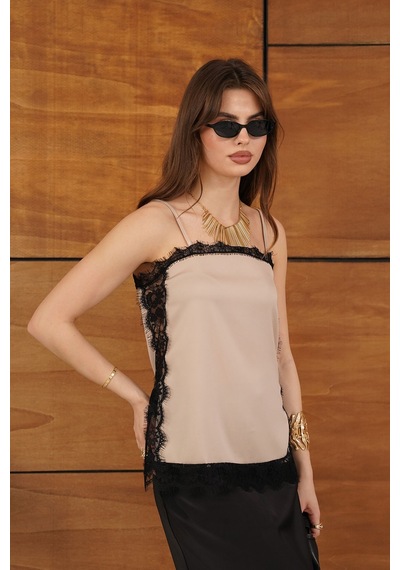 Verymoda Dantel Detaylı Askılı Saten Tunik - D2931 Taş