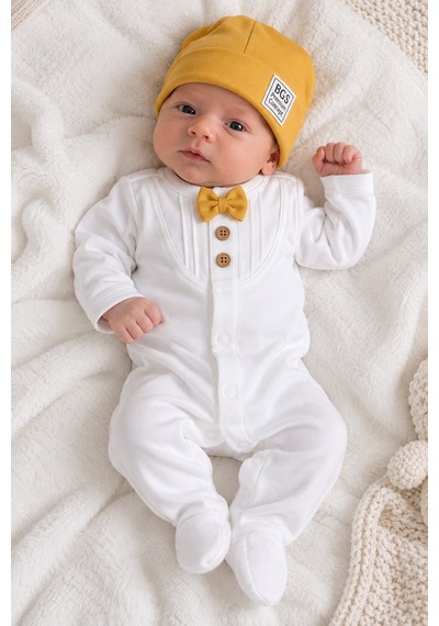 Babyhola Organik %100 Pamuk Kız Erkek Bebek Yenidoğan Tulum Zıbın Battaniye 8'li Set 0-3 Ay Hediyeli Sarı