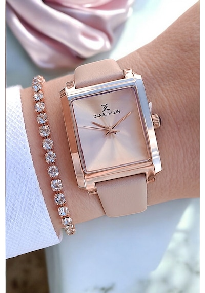 Pudra Deri Kayışlı Rose Gold Dikdörtgen Kasa Kadın Kol Saati, Taşlı Bileklik Hediyeli Rose Gold