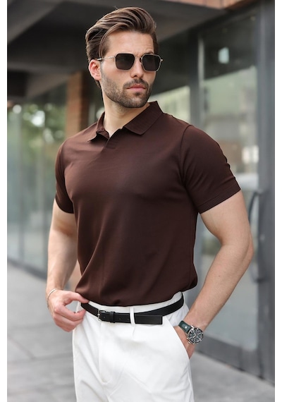Madmext Kahverengi Regular Fit Polo Yaka Triko Erkek Tişört E7502