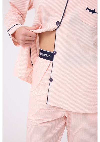 Lespadon Marısılk Seastrıpe Premium Dokuma Uzun Kollu Crop Pantolonlu Kadın Pijama & Lounge Takımı-3199 Pembe