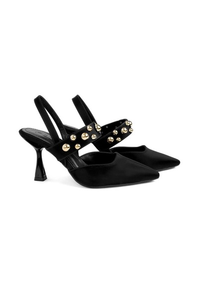 Feles Zımba Detaylı Topuklu Arkası Açık Kadın Stiletto Ayakkabı Siyah